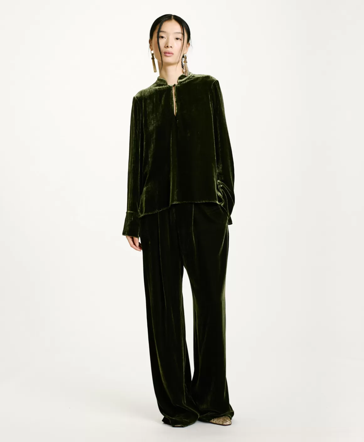 BLOUSE AISU EN VELOURS MÉLANGE DE SOIE LISSE - VERT MATCHA*Momoni Outlet