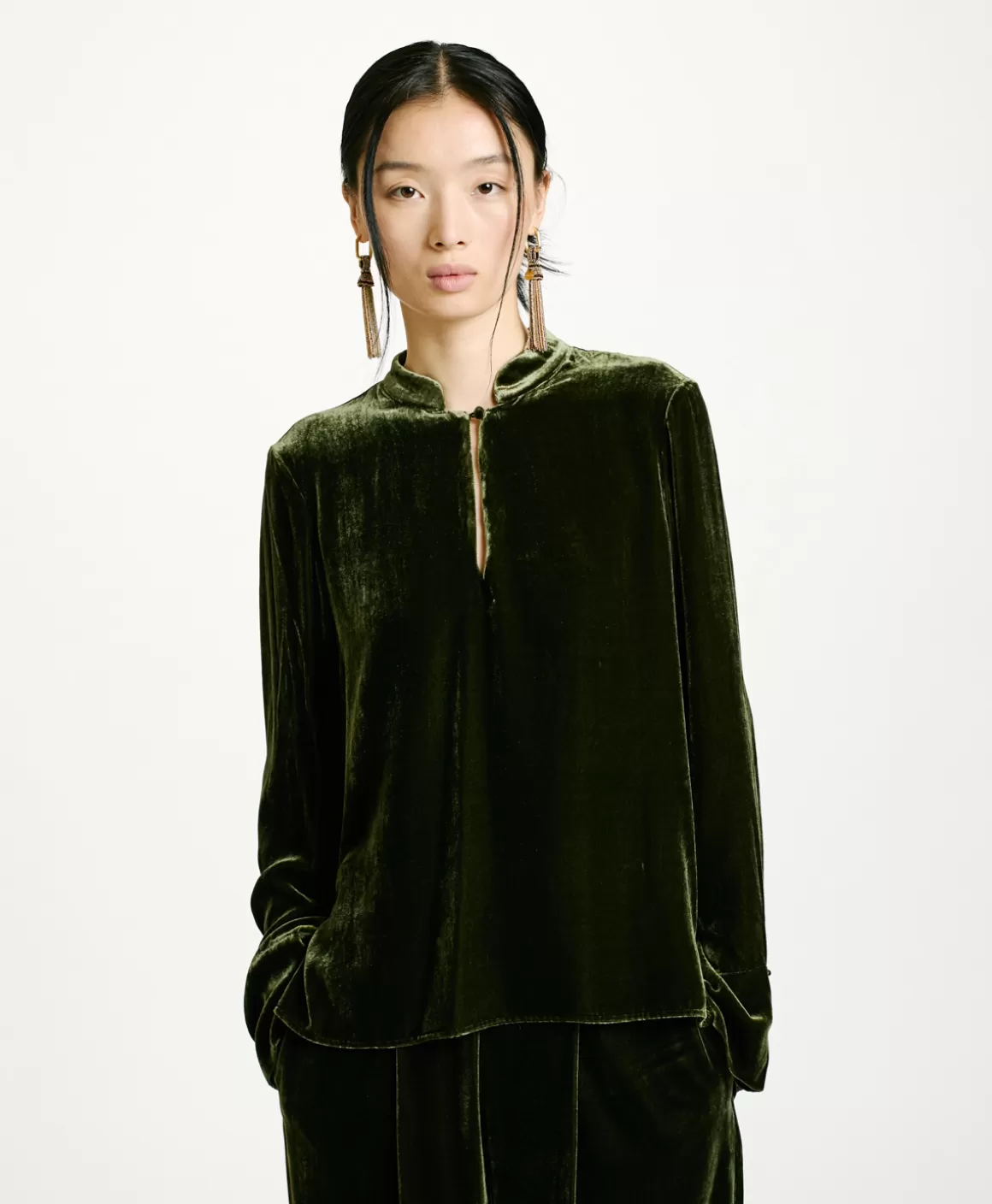 BLOUSE AISU EN VELOURS MÉLANGE DE SOIE LISSE - VERT MATCHA*Momoni Outlet