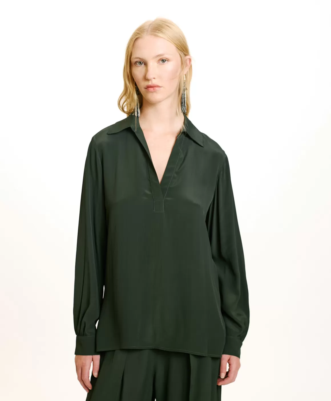 BLOUSE SUE EN ACÉTATE/SOIE UNI - FORÊT*Momoni Cheap