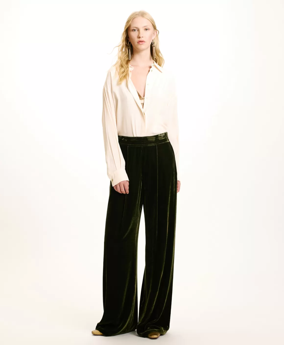PANTALON PASCAL EN VELOURS MÉLANGE DE SOIE LISSE - VERT MATCHA*Momoni Discount