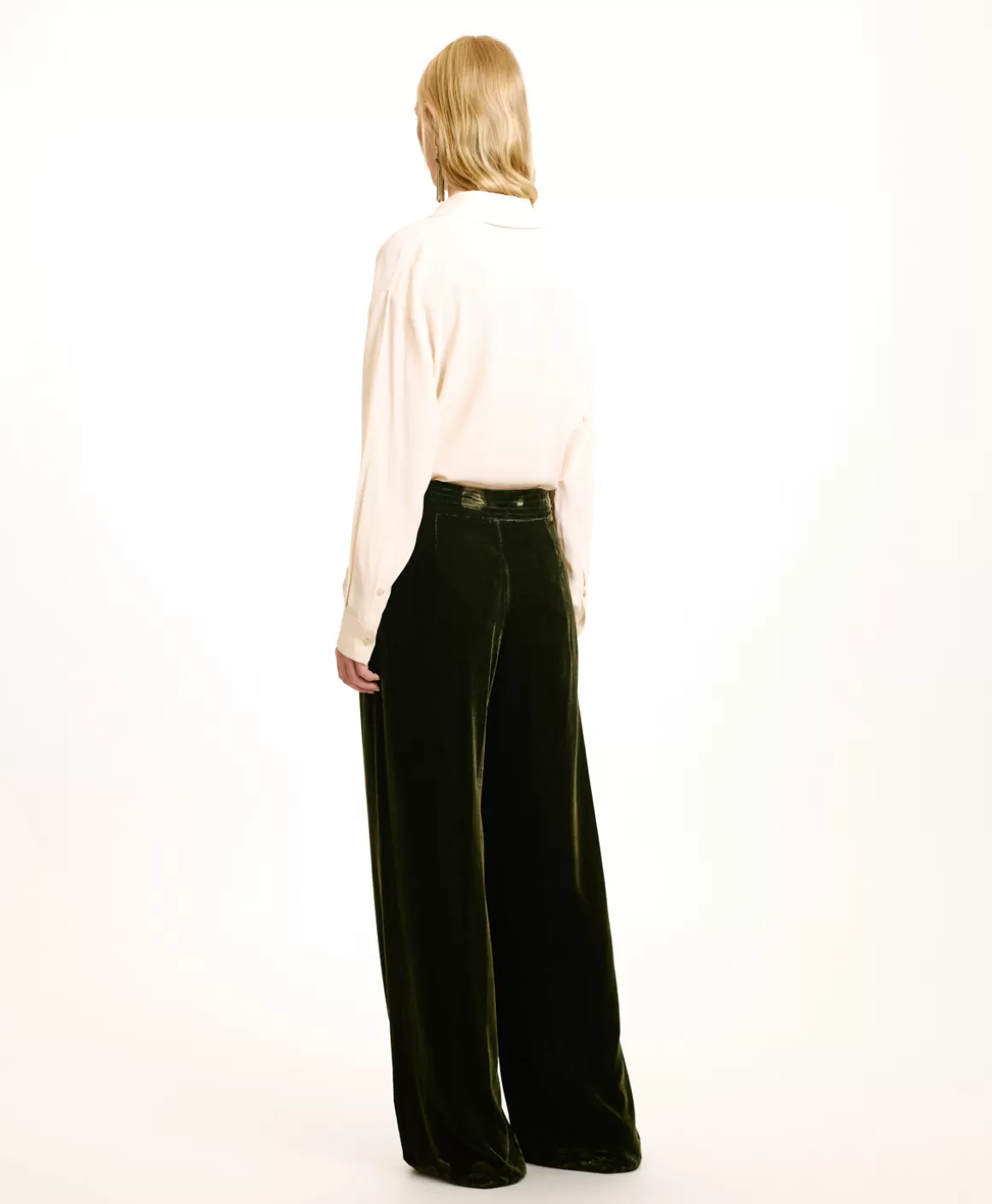 PANTALON PASCAL EN VELOURS MÉLANGE DE SOIE LISSE - VERT MATCHA*Momoni Discount