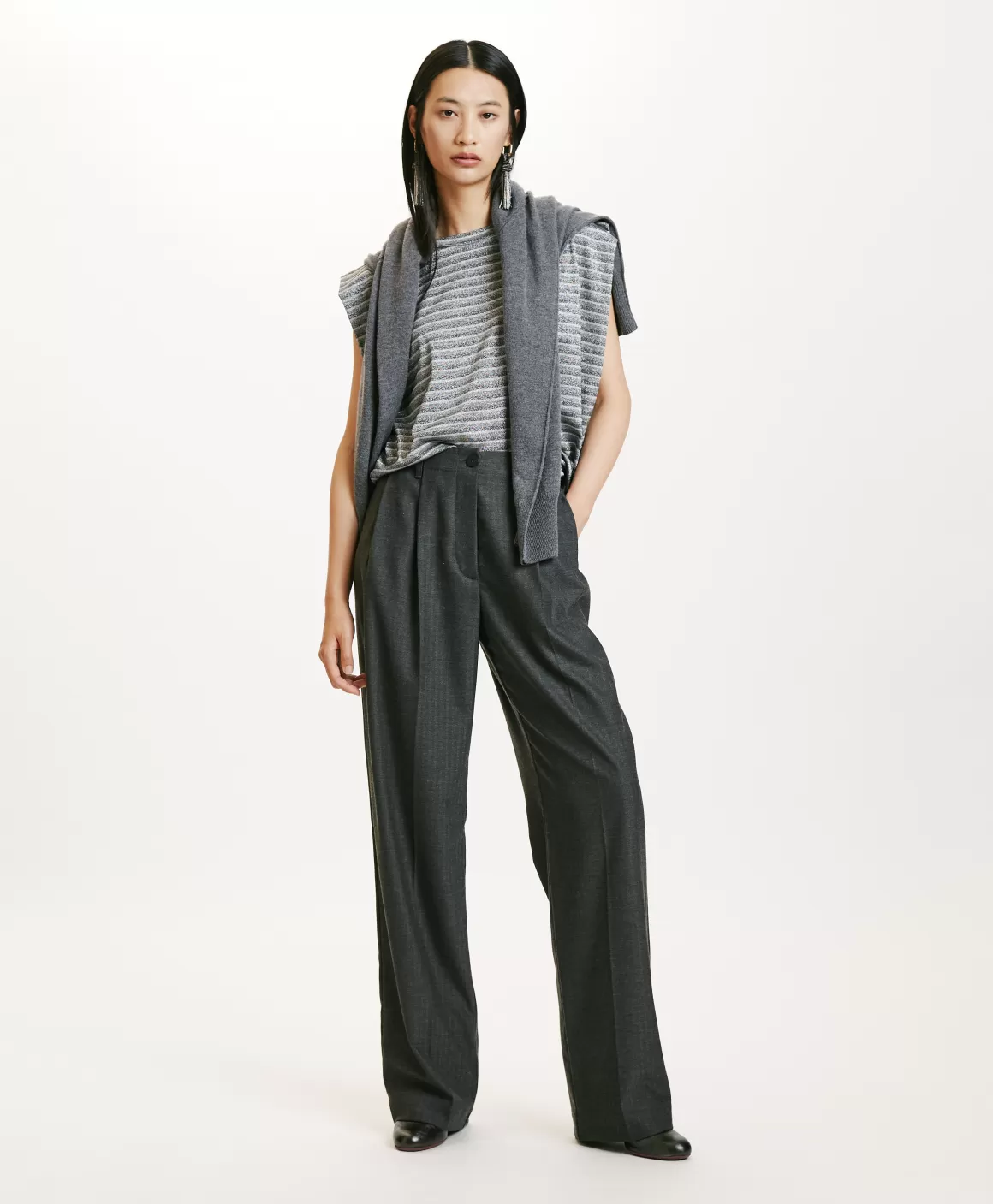PANTALON SORAI EN CHEVRON VISCOSE LAINE STRETCH - GRIS CHARBON*Momoni Best