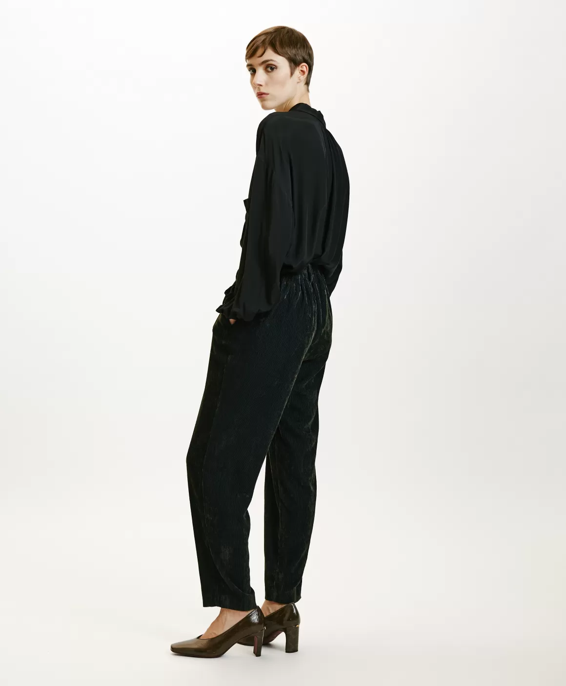 PANTALON VISCHIO EN VELOURS STRETCH BICOLORE - GRIS CHARBON*Momoni Clearance