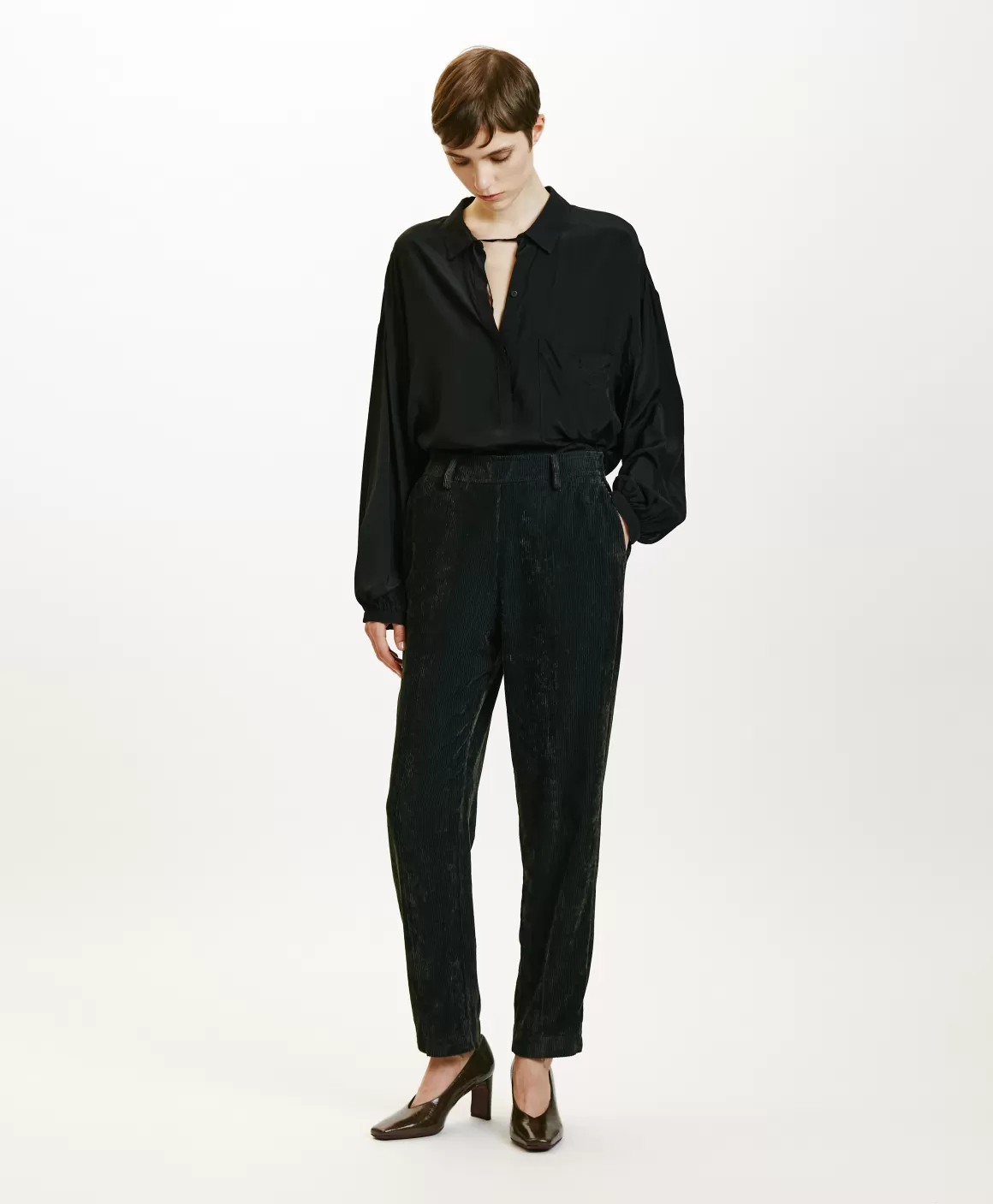 PANTALON VISCHIO EN VELOURS STRETCH BICOLORE - GRIS CHARBON*Momoni Clearance