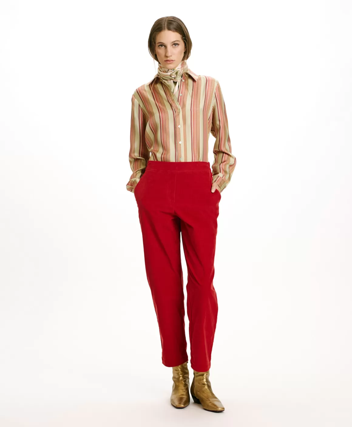 PANTALON YOKO EN VELOURS MILLERAIE STRETCH - ROUGE CARMIN*Momoni Shop