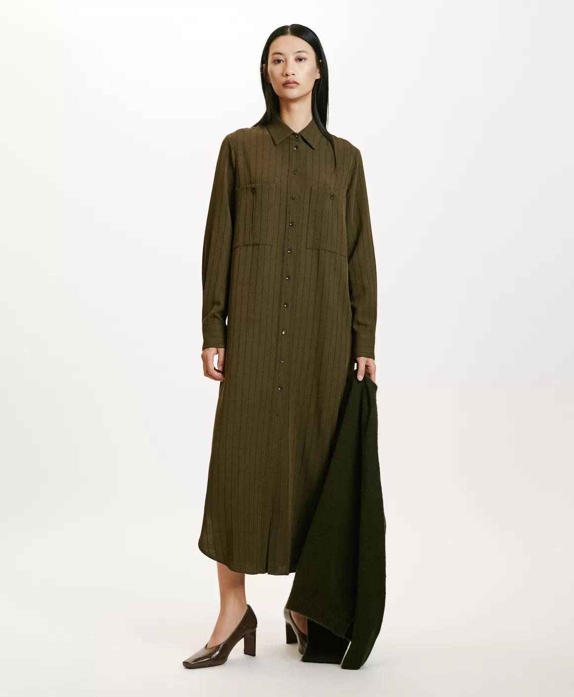 ROBE HANA EN SERGÉ DE LAINE RAYÉ - VERT MILITAIRE*Momoni Best