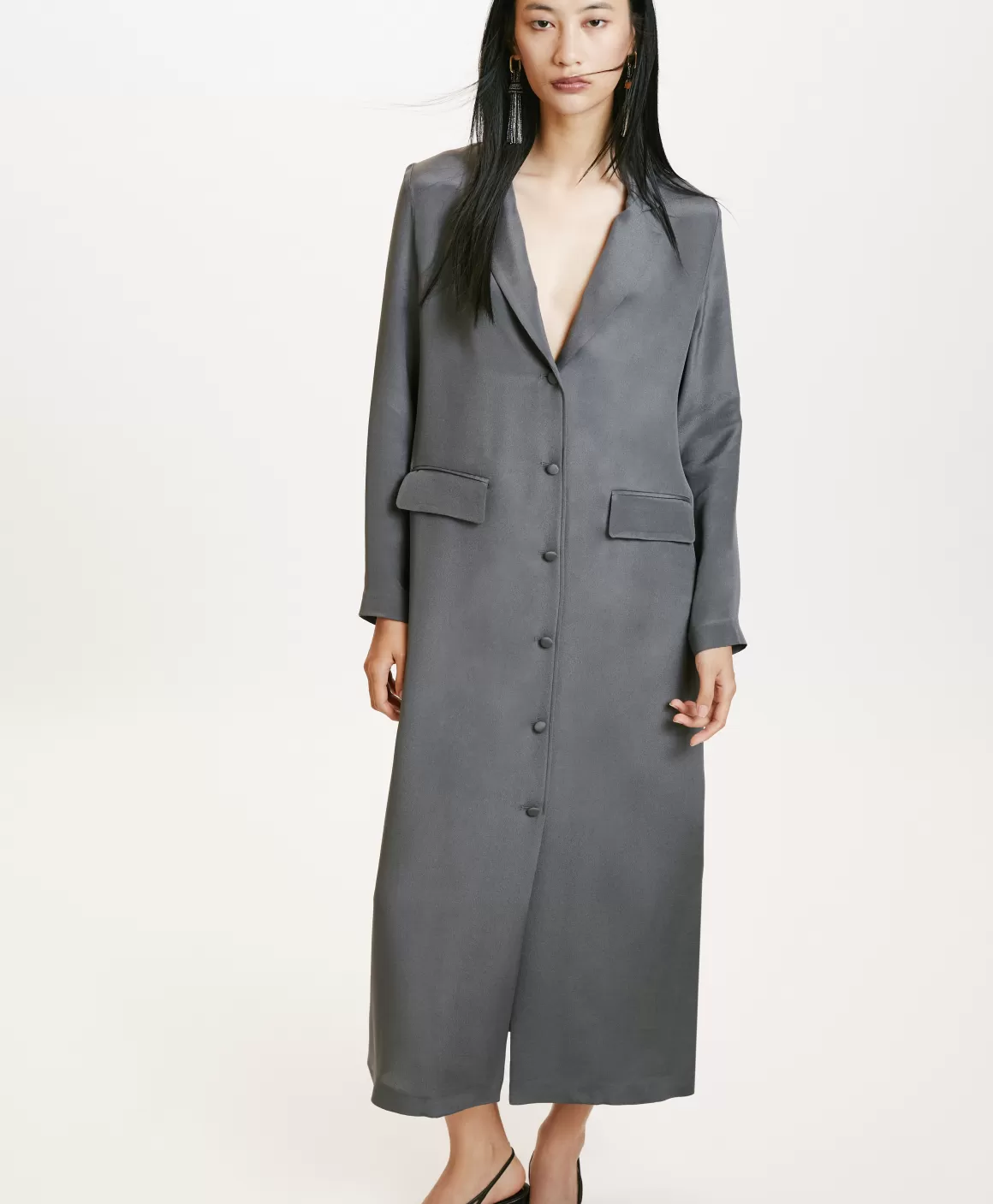 ROBE KIKU EN MÉLANGE DE SOIE CRÊPE - GRIS LAPIS*Momoni Outlet