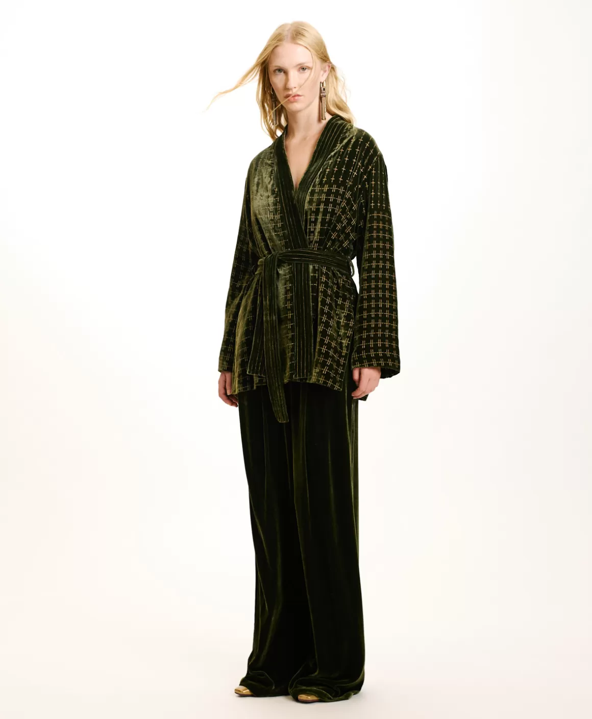 VESTE EUGENIE EN VELOURS MÉLANGE DE SOIE BRODÉ - VERT MATCHA*Momoni Sale