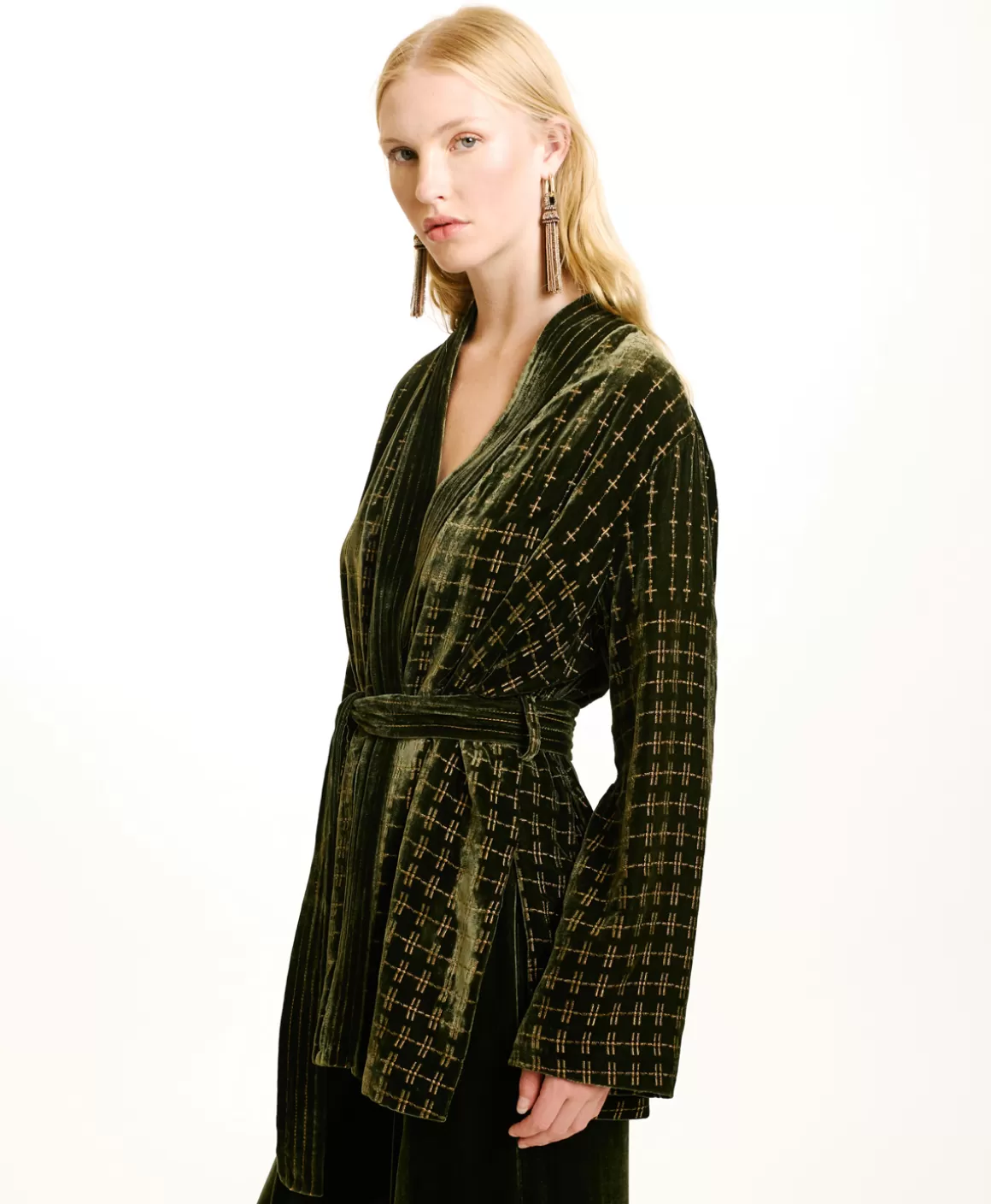 VESTE EUGENIE EN VELOURS MÉLANGE DE SOIE BRODÉ - VERT MATCHA*Momoni Sale