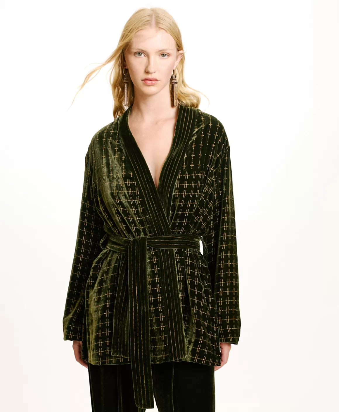 VESTE EUGENIE EN VELOURS MÉLANGE DE SOIE BRODÉ - VERT MATCHA*Momoni Sale