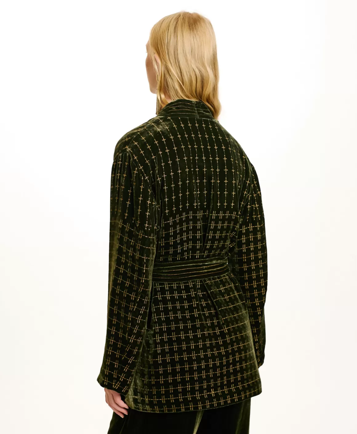 VESTE EUGENIE EN VELOURS MÉLANGE DE SOIE BRODÉ - VERT MATCHA*Momoni Sale